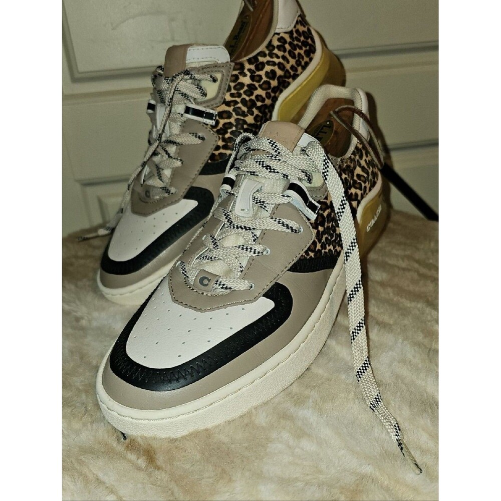 Coach Neutral Leather & And Calf Fur, Leopard Panel Lace-Up Sneakers Size 9.5